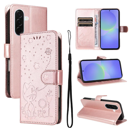 For Samsung Galaxy A37 5G Cat and Bee Embossed Flip Leather Phone Case Wallet Cover with Card Slots Cash Pocket Magnetic Stand Protective Shockproof TPU PU Leather Case with Wrist Strap