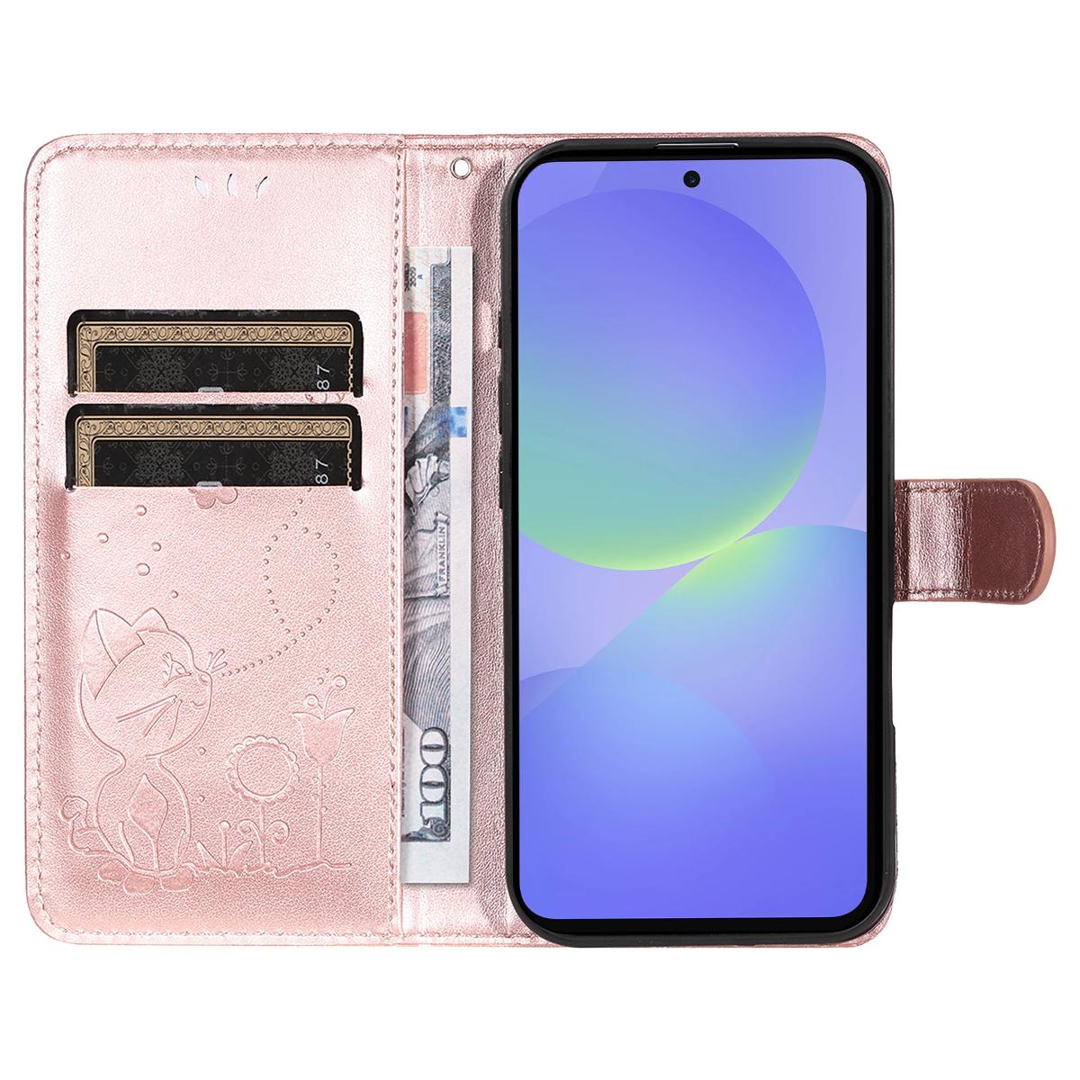 For Samsung Galaxy A37 5G Cat and Bee Embossed Flip Leather Phone Case Wallet Cover with Card Slots Cash Pocket Magnetic Stand Protective Shockproof TPU PU Leather Case with Wrist Strap