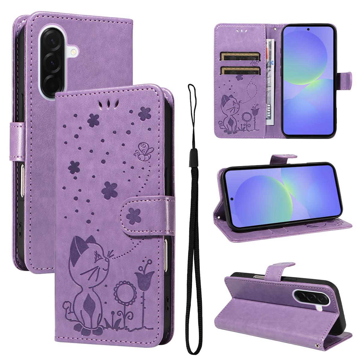 For Samsung Galaxy A37 5G Cat and Bee Embossed Flip Leather Phone Case Wallet Cover with Card Slots Cash Pocket Magnetic Stand Protective Shockproof TPU PU Leather Case with Wrist Strap