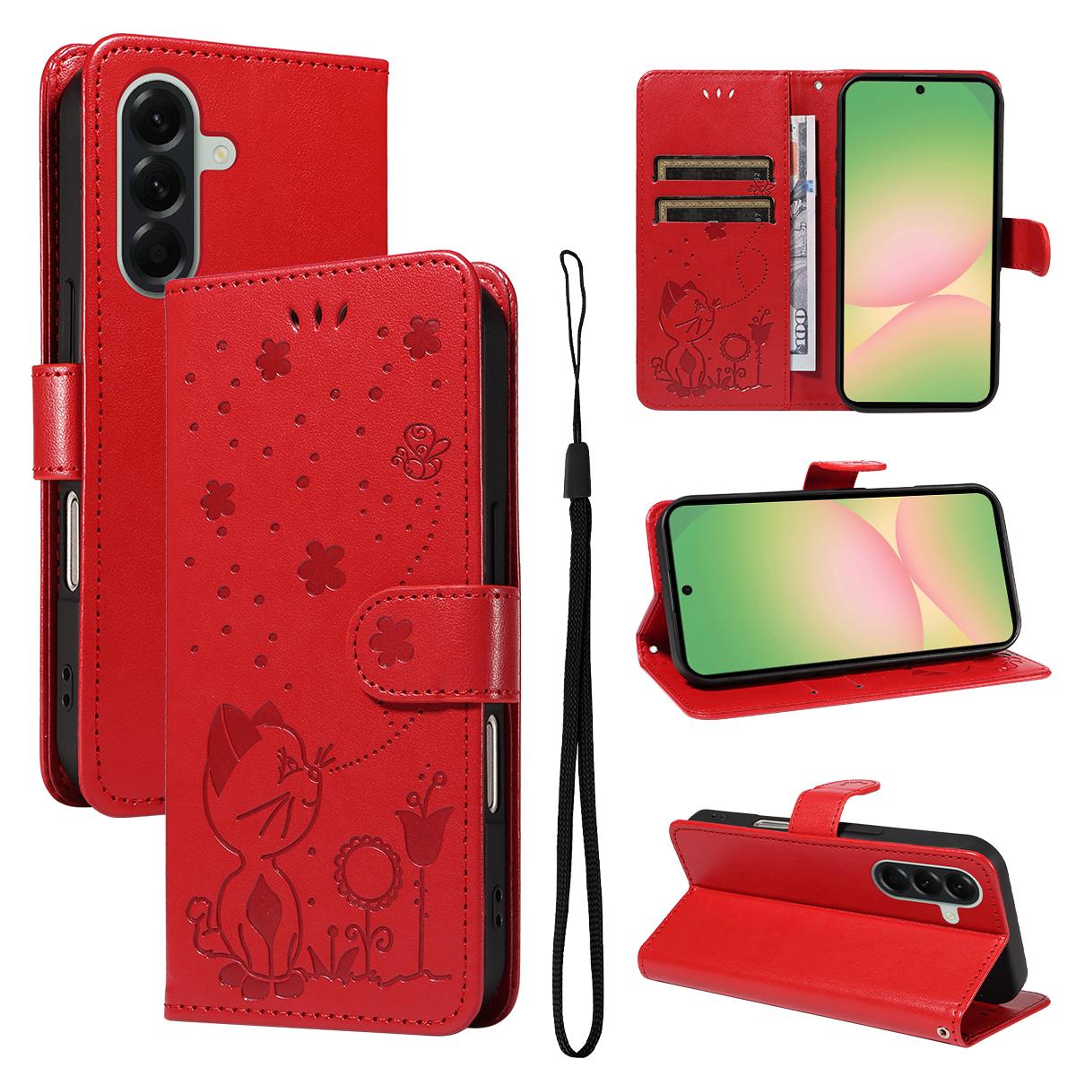 For Samsung Galaxy A57 5G Cat and Bee Embossed Flip Leather Phone Case Wallet Cover with Card Slots Cash Pocket Magnetic Stand Protective Shockproof TPU PU Leather Case with Wrist Strap