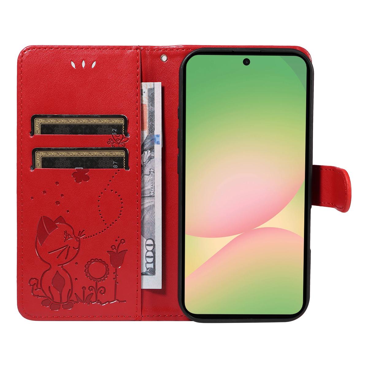 For Samsung Galaxy A57 5G Cat and Bee Embossed Flip Leather Phone Case Wallet Cover with Card Slots Cash Pocket Magnetic Stand Protective Shockproof TPU PU Leather Case with Wrist Strap