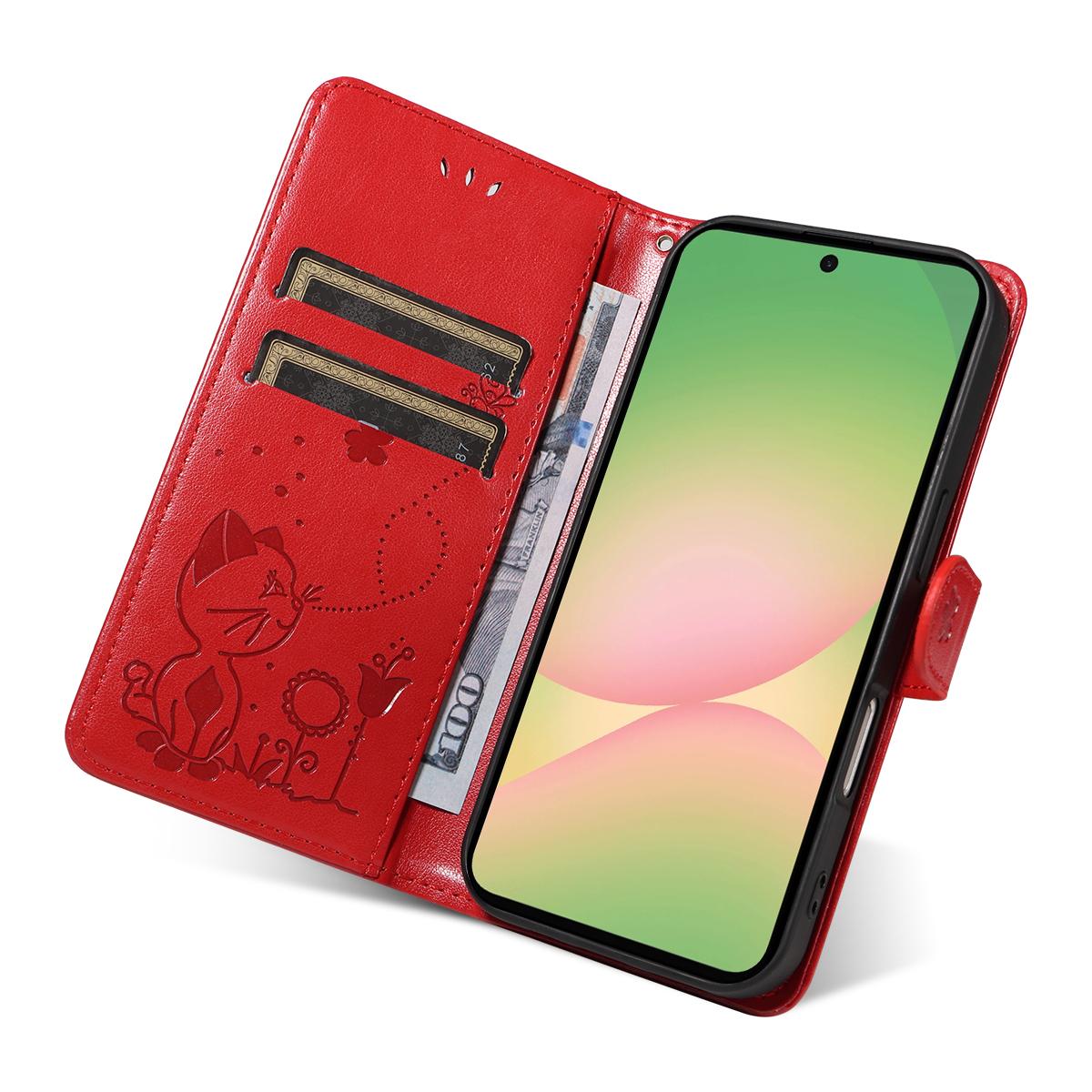 For Samsung Galaxy A57 5G Cat and Bee Embossed Flip Leather Phone Case Wallet Cover with Card Slots Cash Pocket Magnetic Stand Protective Shockproof TPU PU Leather Case with Wrist Strap