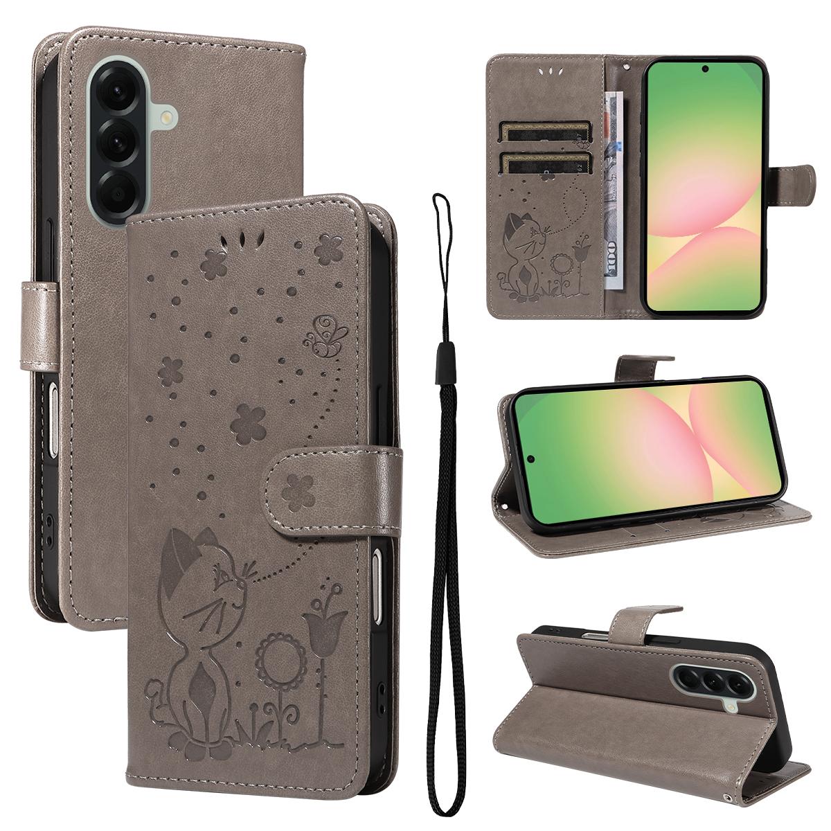 For Samsung Galaxy A57 5G Cat and Bee Embossed Flip Leather Phone Case Wallet Cover with Card Slots Cash Pocket Magnetic Stand Protective Shockproof TPU PU Leather Case with Wrist Strap