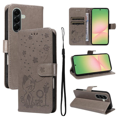 For Samsung Galaxy A57 5G Cat and Bee Embossed Flip Leather Phone Case Wallet Cover with Card Slots Cash Pocket Magnetic Stand Protective Shockproof TPU PU Leather Case with Wrist Strap