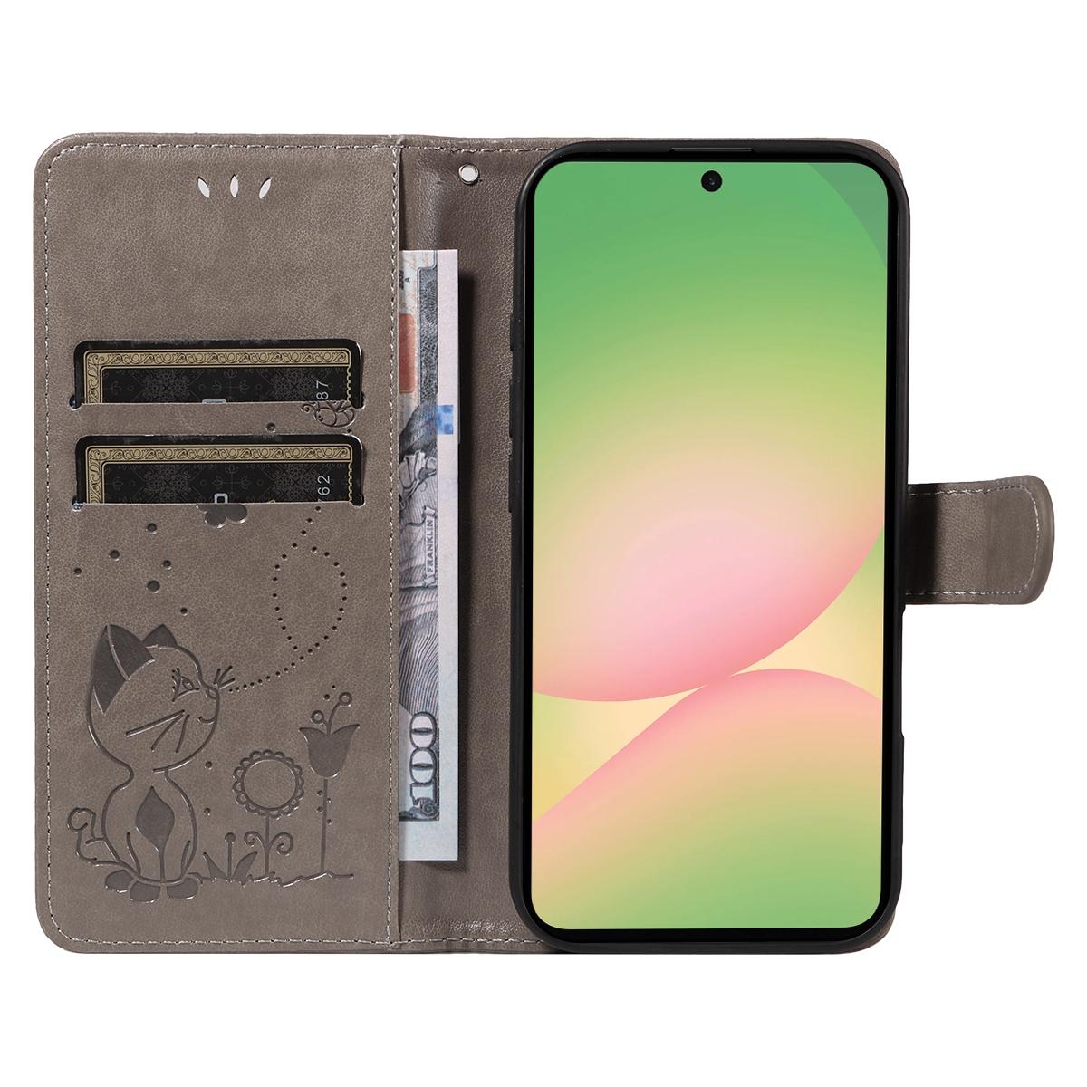 For Samsung Galaxy A57 5G Cat and Bee Embossed Flip Leather Phone Case Wallet Cover with Card Slots Cash Pocket Magnetic Stand Protective Shockproof TPU PU Leather Case with Wrist Strap