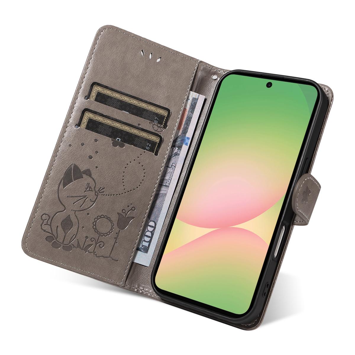 For Samsung Galaxy A57 5G Cat and Bee Embossed Flip Leather Phone Case Wallet Cover with Card Slots Cash Pocket Magnetic Stand Protective Shockproof TPU PU Leather Case with Wrist Strap