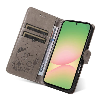 For Samsung Galaxy A57 5G Cat and Bee Embossed Flip Leather Phone Case Wallet Cover with Card Slots Cash Pocket Magnetic Stand Protective Shockproof TPU PU Leather Case with Wrist Strap