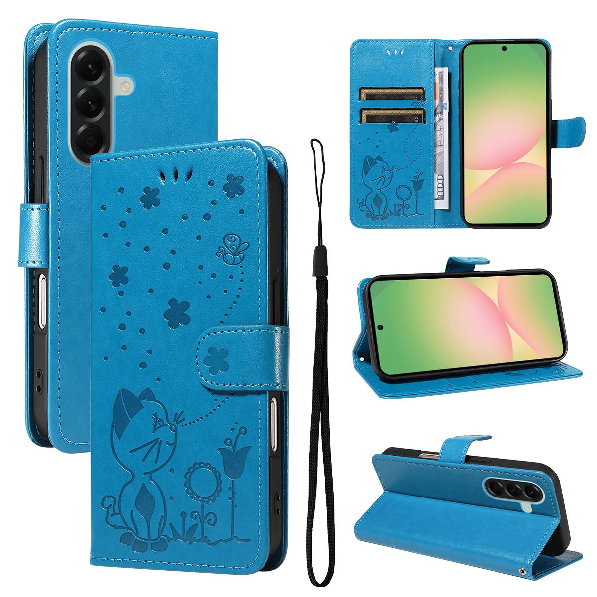 For Samsung Galaxy A57 5G Cat and Bee Embossed Flip Leather Phone Case Wallet Cover with Card Slots Cash Pocket Magnetic Stand Protective Shockproof TPU PU Leather Case with Wrist Strap