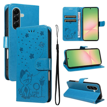For Samsung Galaxy A57 5G Cat and Bee Embossed Flip Leather Phone Case Wallet Cover with Card Slots Cash Pocket Magnetic Stand Protective Shockproof TPU PU Leather Case with Wrist Strap