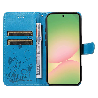 For Samsung Galaxy A57 5G Cat and Bee Embossed Flip Leather Phone Case Wallet Cover with Card Slots Cash Pocket Magnetic Stand Protective Shockproof TPU PU Leather Case with Wrist Strap