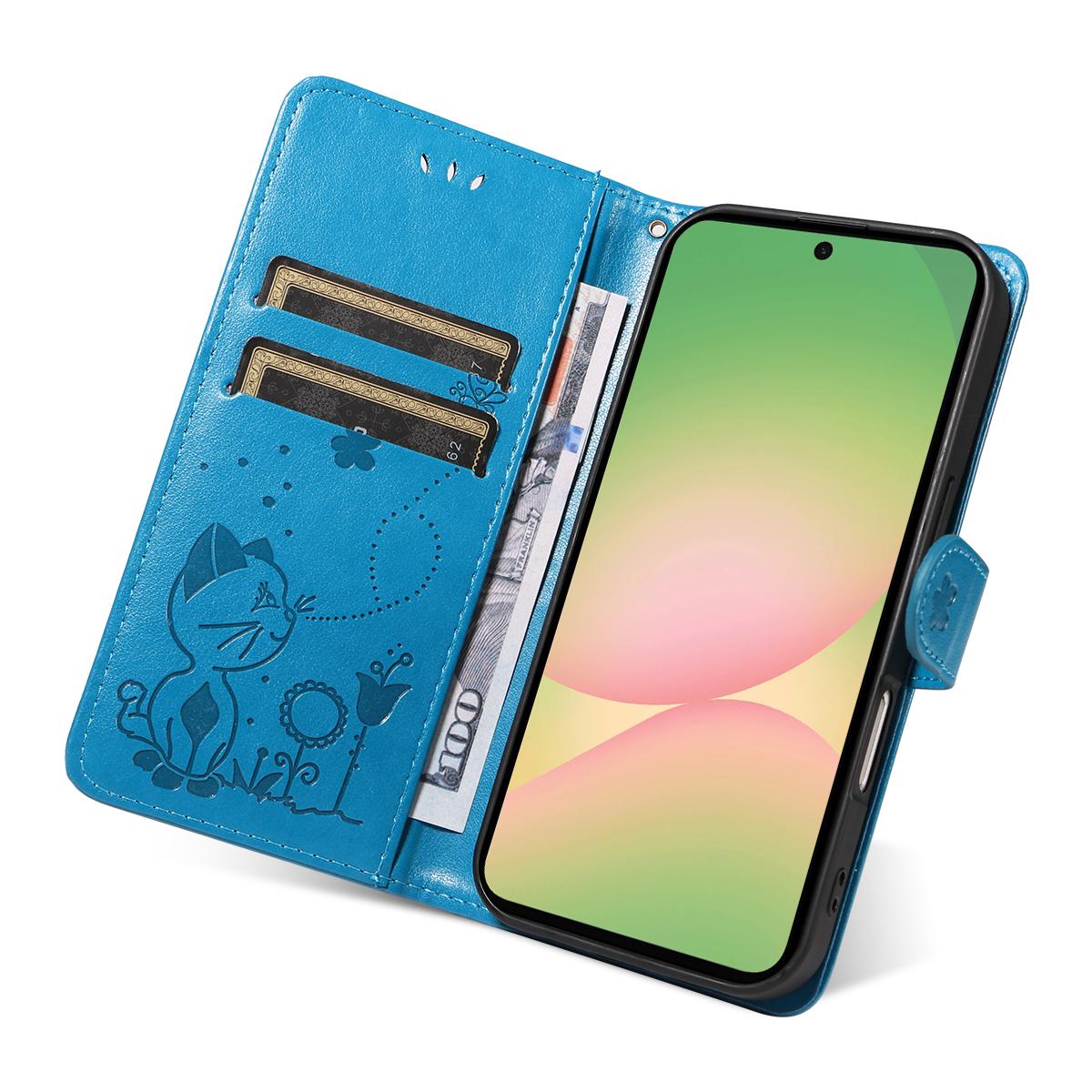 For Samsung Galaxy A57 5G Cat and Bee Embossed Flip Leather Phone Case Wallet Cover with Card Slots Cash Pocket Magnetic Stand Protective Shockproof TPU PU Leather Case with Wrist Strap
