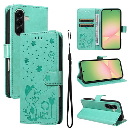 For Samsung Galaxy A57 5G Cat and Bee Embossed Flip Leather Phone Case Wallet Cover with Card Slots Cash Pocket Magnetic Stand Protective Shockproof TPU PU Leather Case with Wrist Strap