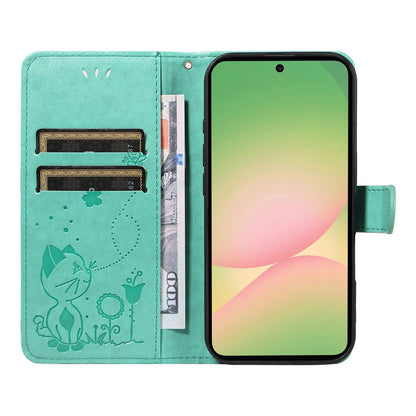 For Samsung Galaxy A57 5G Cat and Bee Embossed Flip Leather Phone Case Wallet Cover with Card Slots Cash Pocket Magnetic Stand Protective Shockproof TPU PU Leather Case with Wrist Strap