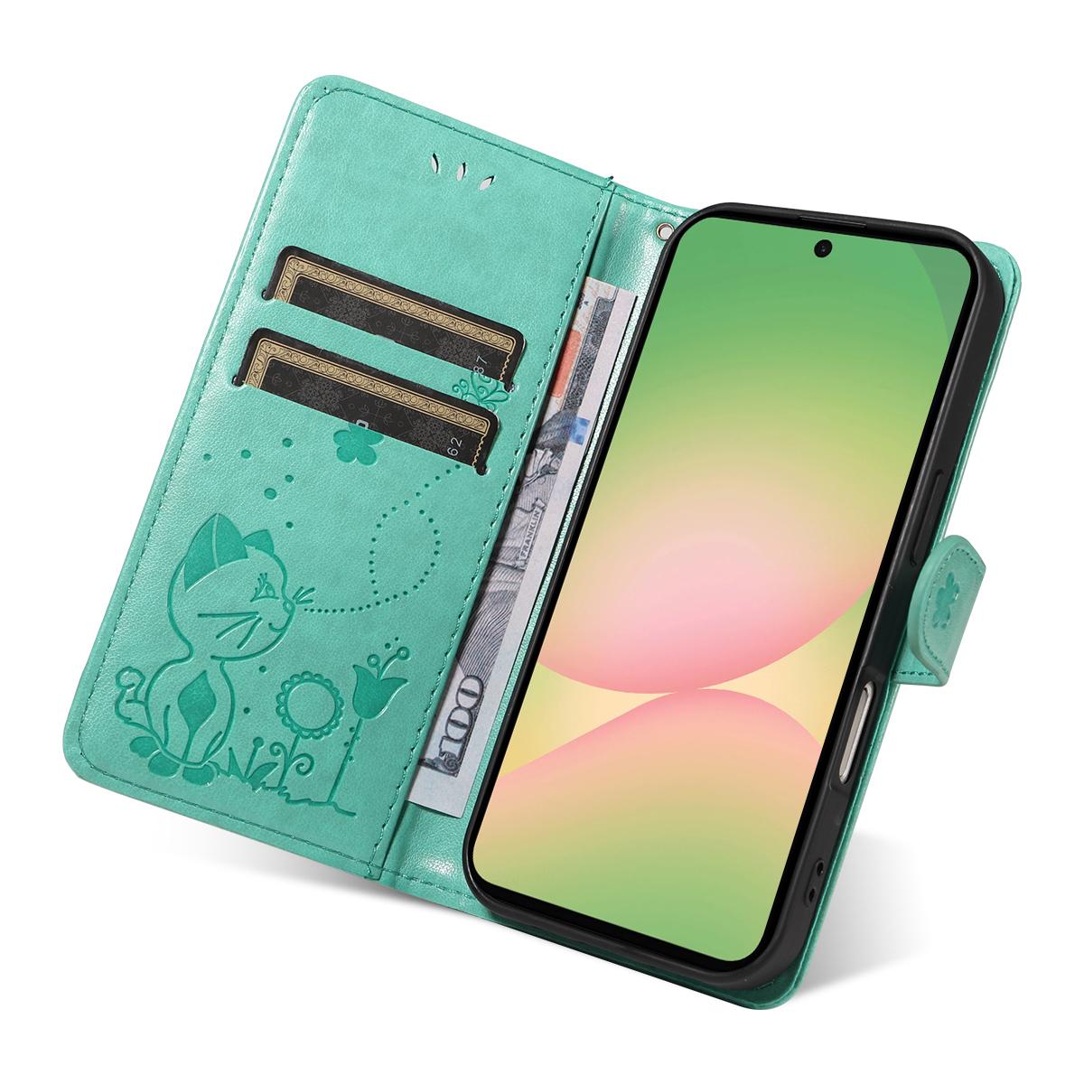 For Samsung Galaxy A57 5G Cat and Bee Embossed Flip Leather Phone Case Wallet Cover with Card Slots Cash Pocket Magnetic Stand Protective Shockproof TPU PU Leather Case with Wrist Strap