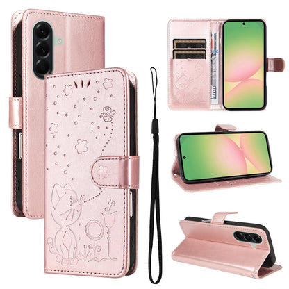 For Samsung Galaxy A57 5G Cat and Bee Embossed Flip Leather Phone Case Wallet Cover with Card Slots Cash Pocket Magnetic Stand Protective Shockproof TPU PU Leather Case with Wrist Strap
