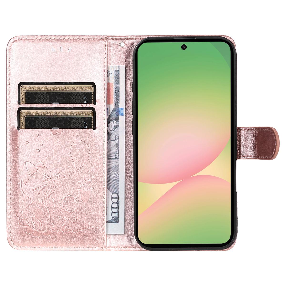 For Samsung Galaxy A57 5G Cat and Bee Embossed Flip Leather Phone Case Wallet Cover with Card Slots Cash Pocket Magnetic Stand Protective Shockproof TPU PU Leather Case with Wrist Strap
