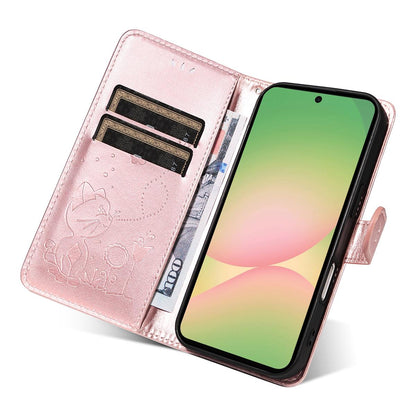 For Samsung Galaxy A57 5G Cat and Bee Embossed Flip Leather Phone Case Wallet Cover with Card Slots Cash Pocket Magnetic Stand Protective Shockproof TPU PU Leather Case with Wrist Strap