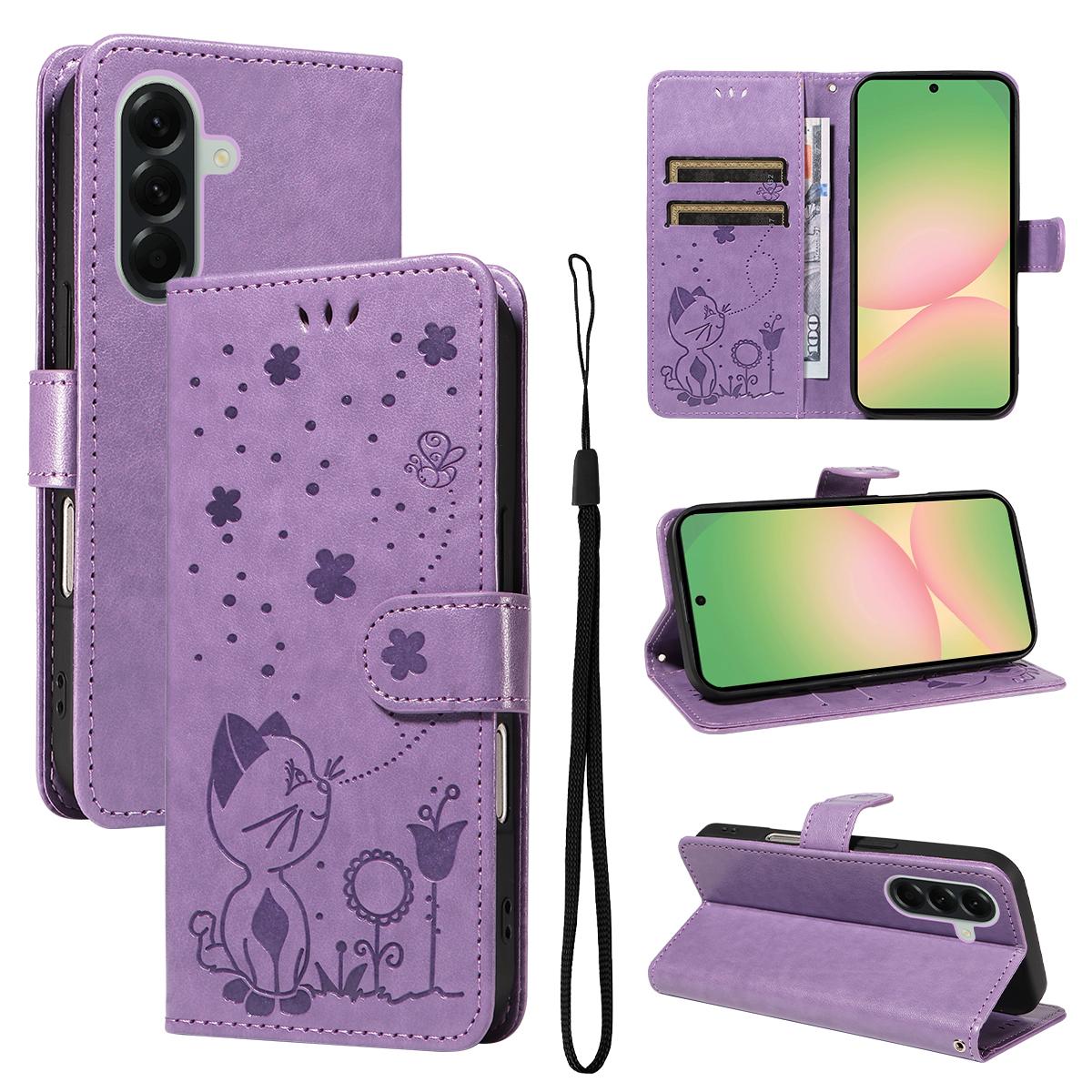 For Samsung Galaxy A57 5G Cat and Bee Embossed Flip Leather Phone Case Wallet Cover with Card Slots Cash Pocket Magnetic Stand Protective Shockproof TPU PU Leather Case with Wrist Strap