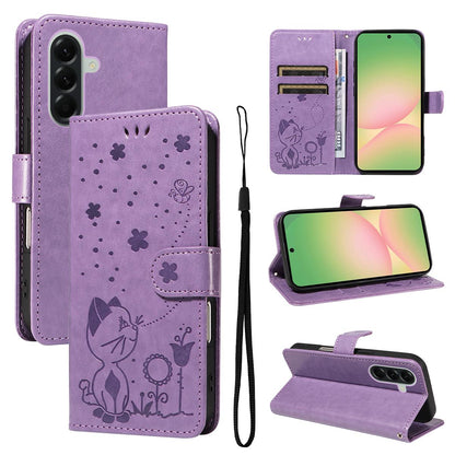 For Samsung Galaxy A57 5G Cat and Bee Embossed Flip Leather Phone Case Wallet Cover with Card Slots Cash Pocket Magnetic Stand Protective Shockproof TPU PU Leather Case with Wrist Strap