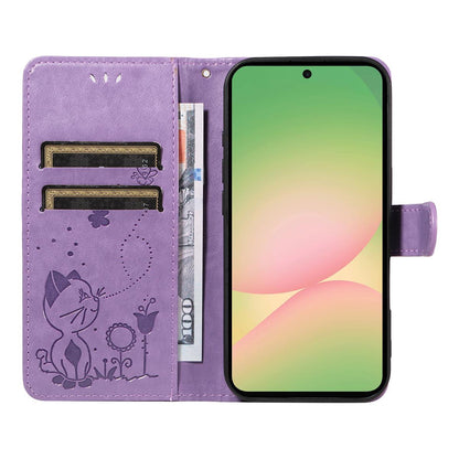 For Samsung Galaxy A57 5G Cat and Bee Embossed Flip Leather Phone Case Wallet Cover with Card Slots Cash Pocket Magnetic Stand Protective Shockproof TPU PU Leather Case with Wrist Strap