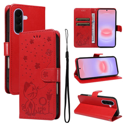 For Samsung Galaxy A27 5G Cat and Bee Embossed Flip Leather Phone Case Wallet Cover with Card Slots Cash Pocket Magnetic Stand Protective Shockproof TPU PU Leather Case with Wrist Strap