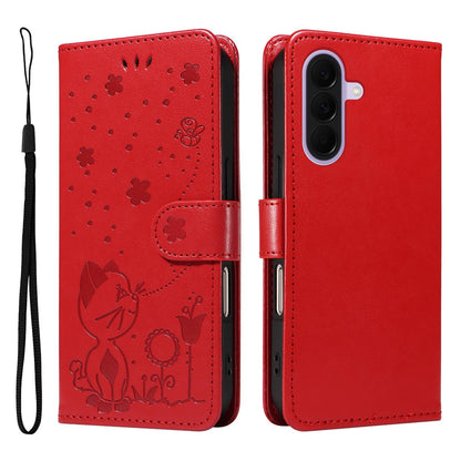 For Samsung Galaxy A27 5G Cat and Bee Embossed Flip Leather Phone Case Wallet Cover with Card Slots Cash Pocket Magnetic Stand Protective Shockproof TPU PU Leather Case with Wrist Strap