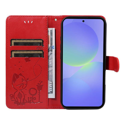 For Samsung Galaxy A27 5G Cat and Bee Embossed Flip Leather Phone Case Wallet Cover with Card Slots Cash Pocket Magnetic Stand Protective Shockproof TPU PU Leather Case with Wrist Strap