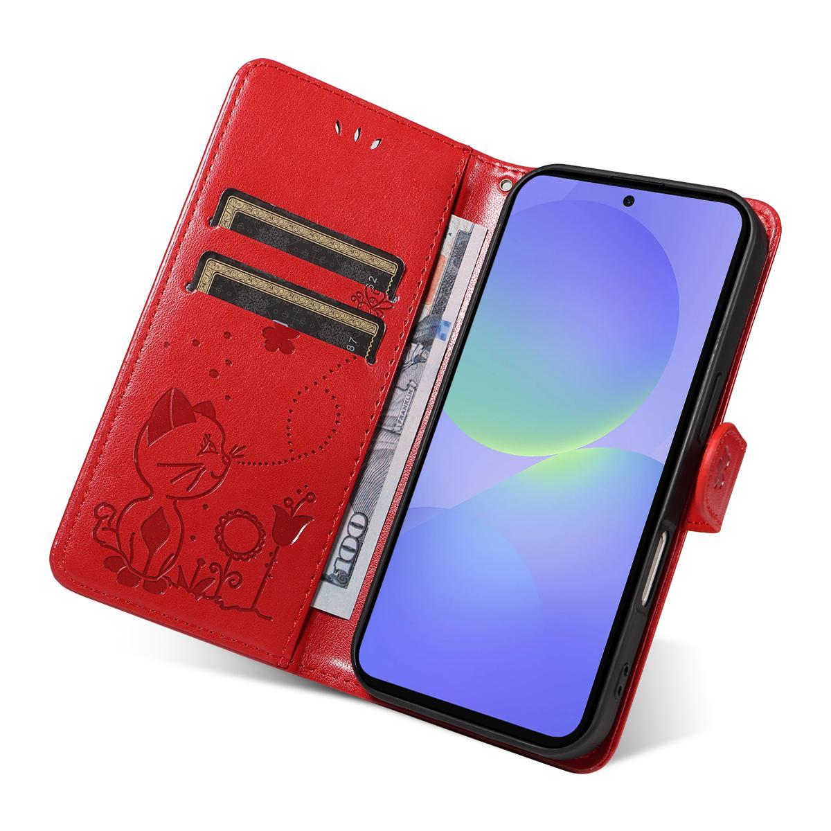 For Samsung Galaxy A27 5G Cat and Bee Embossed Flip Leather Phone Case Wallet Cover with Card Slots Cash Pocket Magnetic Stand Protective Shockproof TPU PU Leather Case with Wrist Strap
