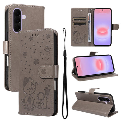 For Samsung Galaxy A27 5G Cat and Bee Embossed Flip Leather Phone Case Wallet Cover with Card Slots Cash Pocket Magnetic Stand Protective Shockproof TPU PU Leather Case with Wrist Strap