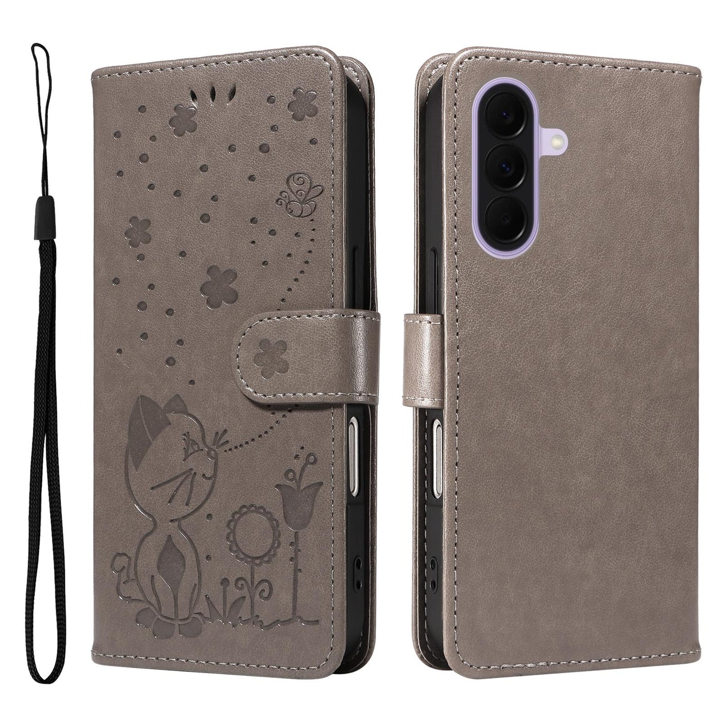 For Samsung Galaxy A27 5G Cat and Bee Embossed Flip Leather Phone Case Wallet Cover with Card Slots Cash Pocket Magnetic Stand Protective Shockproof TPU PU Leather Case with Wrist Strap