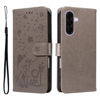 For Samsung Galaxy A27 5G Cat and Bee Embossed Flip Leather Phone Case Wallet Cover with Card Slots Cash Pocket Magnetic Stand Protective Shockproof TPU PU Leather Case with Wrist Strap