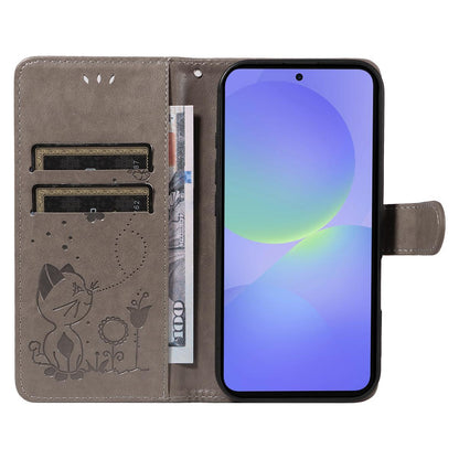For Samsung Galaxy A27 5G Cat and Bee Embossed Flip Leather Phone Case Wallet Cover with Card Slots Cash Pocket Magnetic Stand Protective Shockproof TPU PU Leather Case with Wrist Strap