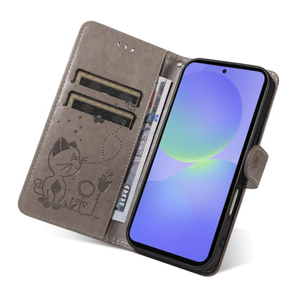 For Samsung Galaxy A27 5G Cat and Bee Embossed Flip Leather Phone Case Wallet Cover with Card Slots Cash Pocket Magnetic Stand Protective Shockproof TPU PU Leather Case with Wrist Strap
