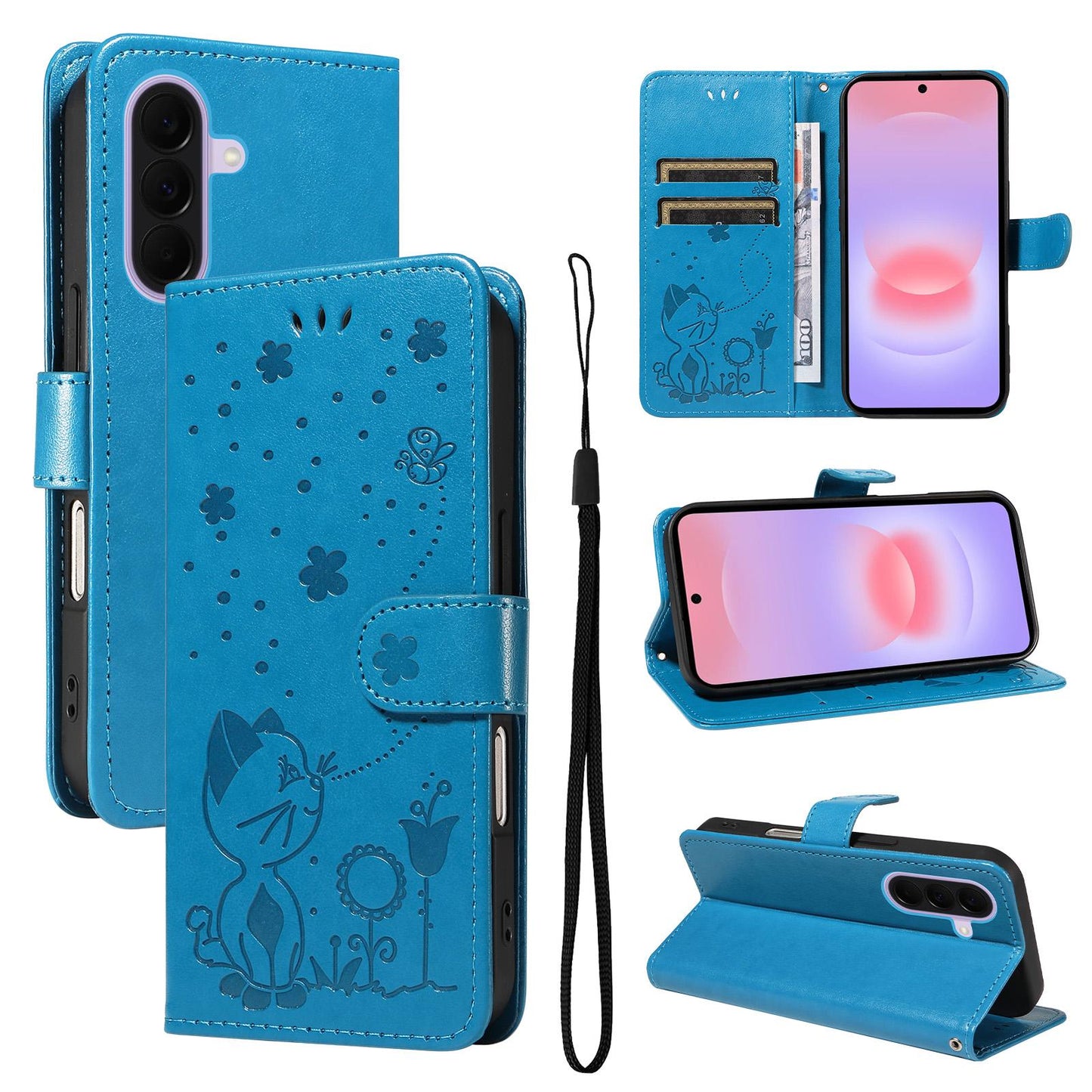 For Samsung Galaxy A27 5G Cat and Bee Embossed Flip Leather Phone Case Wallet Cover with Card Slots Cash Pocket Magnetic Stand Protective Shockproof TPU PU Leather Case with Wrist Strap