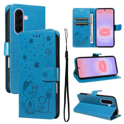 For Samsung Galaxy A27 5G Cat and Bee Embossed Flip Leather Phone Case Wallet Cover with Card Slots Cash Pocket Magnetic Stand Protective Shockproof TPU PU Leather Case with Wrist Strap