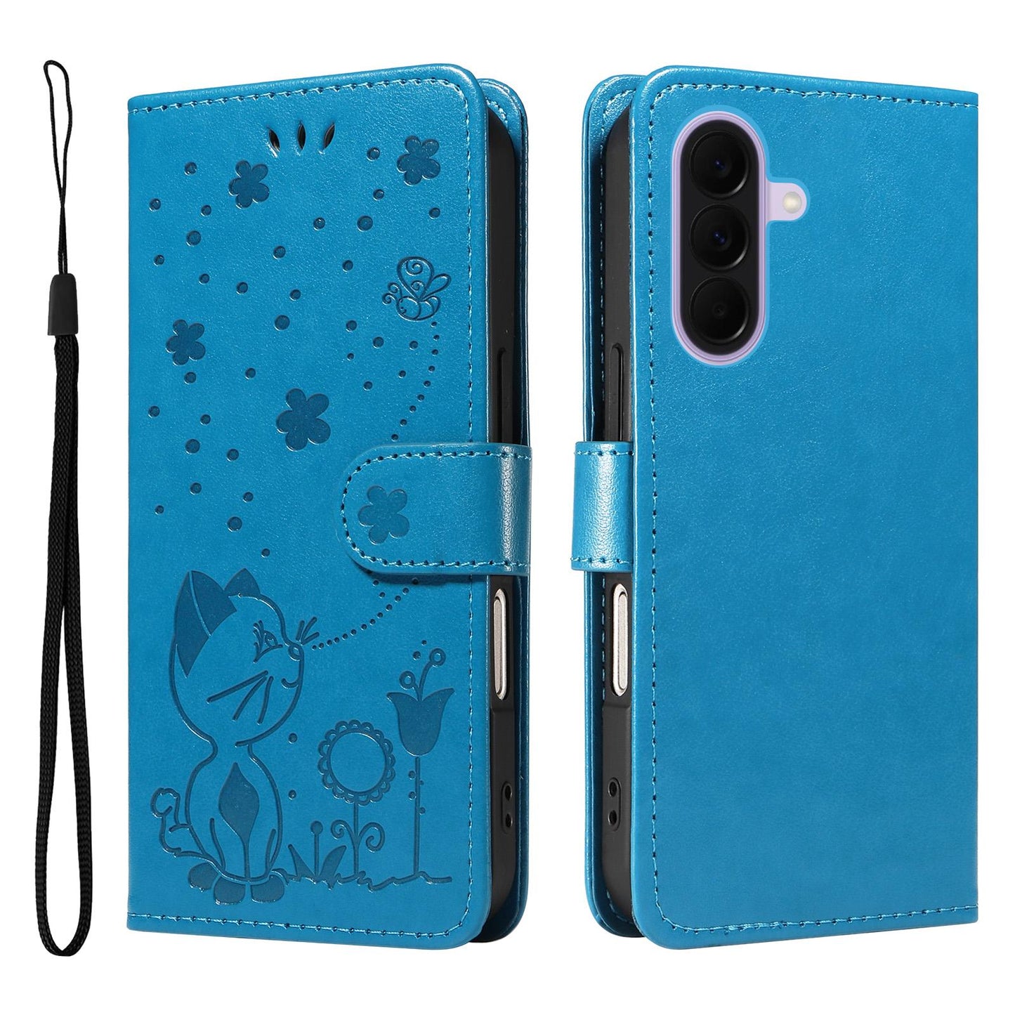 For Samsung Galaxy A27 5G Cat and Bee Embossed Flip Leather Phone Case Wallet Cover with Card Slots Cash Pocket Magnetic Stand Protective Shockproof TPU PU Leather Case with Wrist Strap