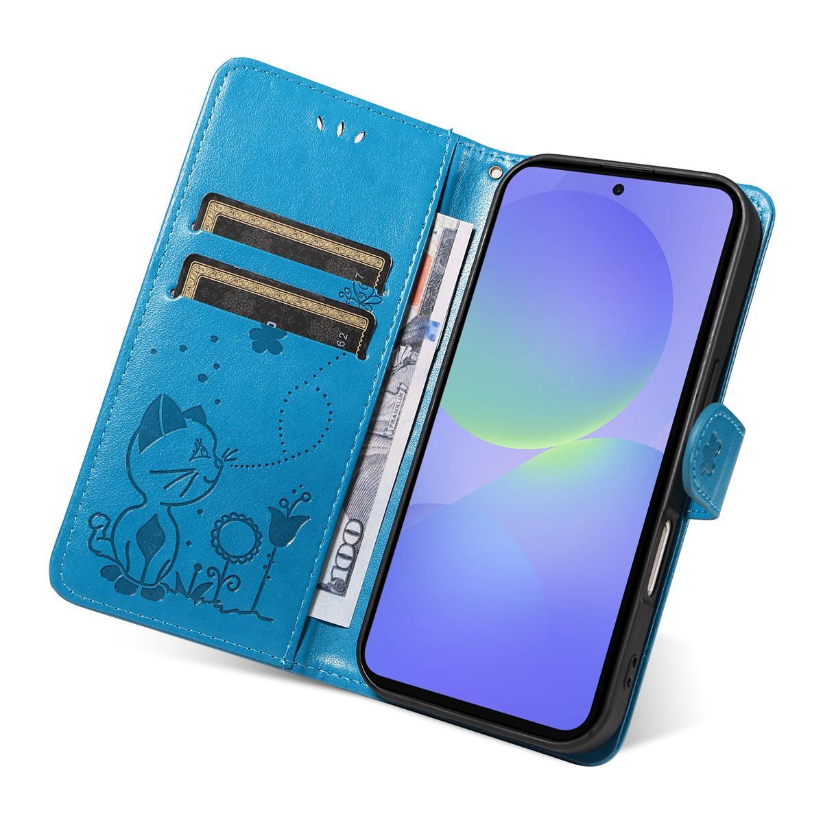 For Samsung Galaxy A27 5G Cat and Bee Embossed Flip Leather Phone Case Wallet Cover with Card Slots Cash Pocket Magnetic Stand Protective Shockproof TPU PU Leather Case with Wrist Strap
