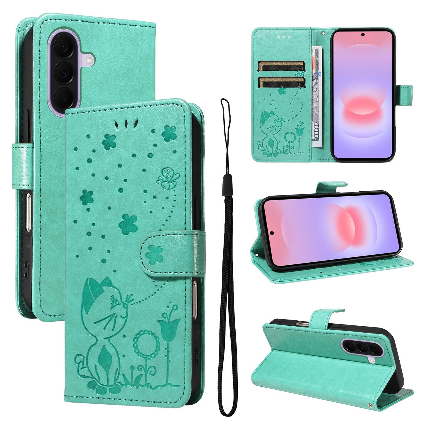For Samsung Galaxy A27 5G Cat and Bee Embossed Flip Leather Phone Case Wallet Cover with Card Slots Cash Pocket Magnetic Stand Protective Shockproof TPU PU Leather Case with Wrist Strap