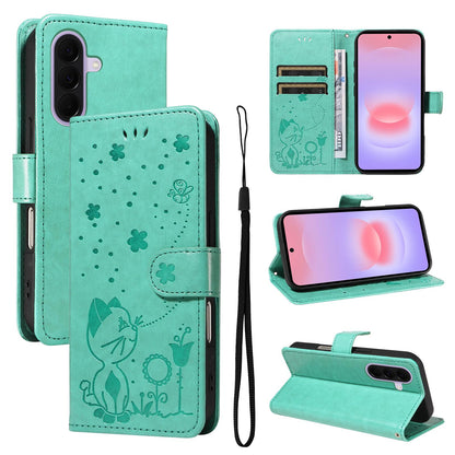 For Samsung Galaxy A27 5G Cat and Bee Embossed Flip Leather Phone Case Wallet Cover with Card Slots Cash Pocket Magnetic Stand Protective Shockproof TPU PU Leather Case with Wrist Strap