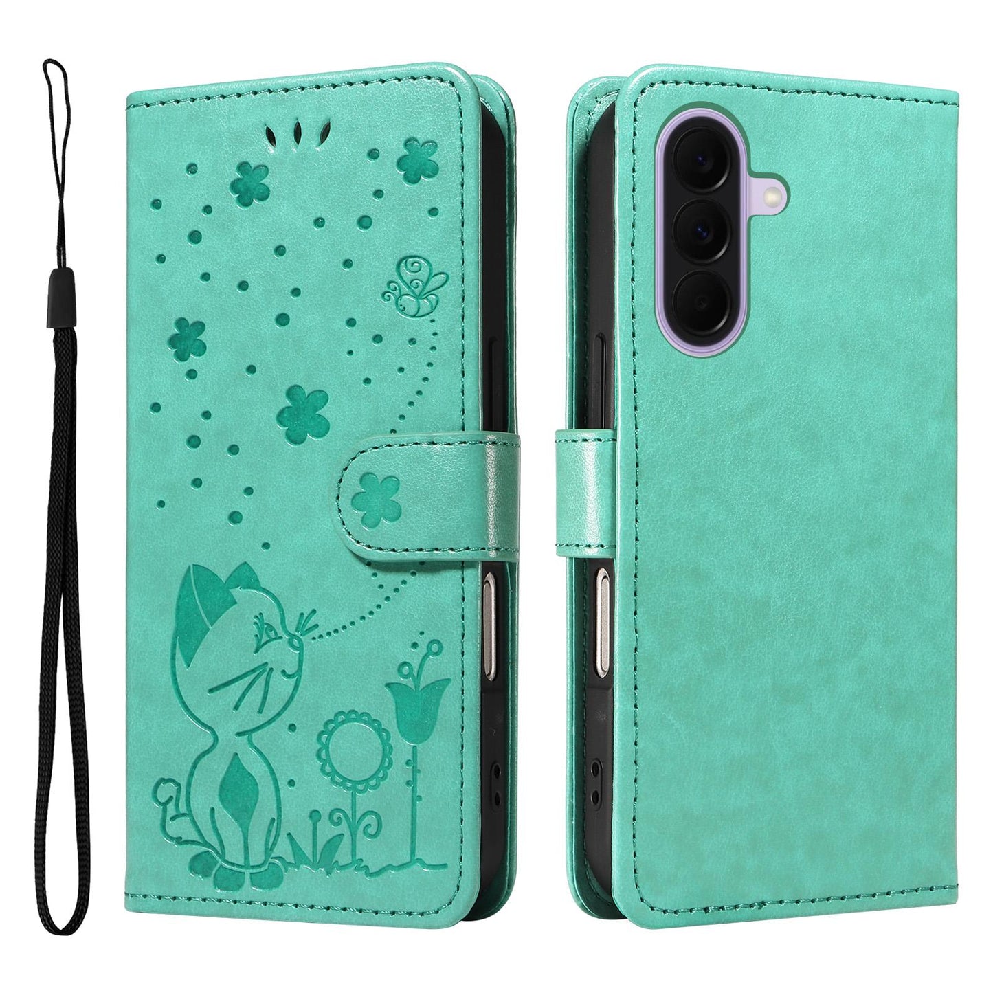 For Samsung Galaxy A27 5G Cat and Bee Embossed Flip Leather Phone Case Wallet Cover with Card Slots Cash Pocket Magnetic Stand Protective Shockproof TPU PU Leather Case with Wrist Strap