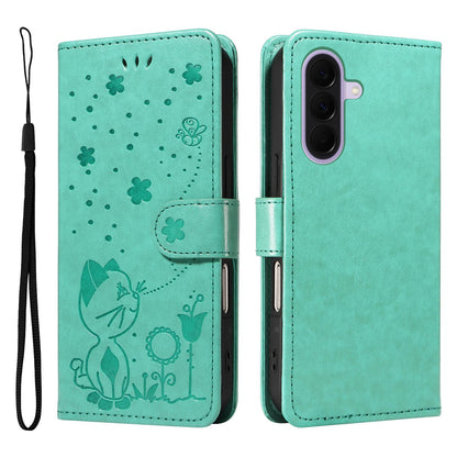 For Samsung Galaxy A27 5G Cat and Bee Embossed Flip Leather Phone Case Wallet Cover with Card Slots Cash Pocket Magnetic Stand Protective Shockproof TPU PU Leather Case with Wrist Strap