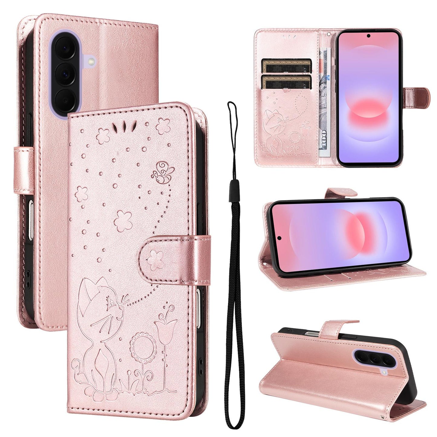 For Samsung Galaxy A27 5G Cat and Bee Embossed Flip Leather Phone Case Wallet Cover with Card Slots Cash Pocket Magnetic Stand Protective Shockproof TPU PU Leather Case with Wrist Strap