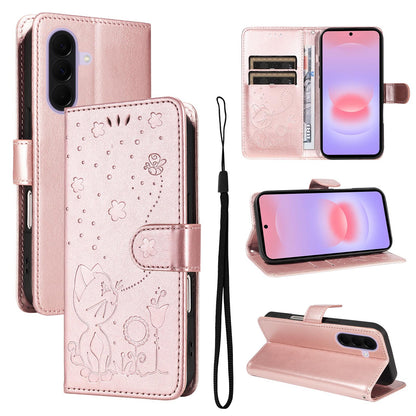 For Samsung Galaxy A27 5G Cat and Bee Embossed Flip Leather Phone Case Wallet Cover with Card Slots Cash Pocket Magnetic Stand Protective Shockproof TPU PU Leather Case with Wrist Strap