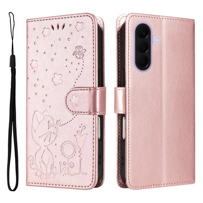 For Samsung Galaxy A27 5G Cat and Bee Embossed Flip Leather Phone Case Wallet Cover with Card Slots Cash Pocket Magnetic Stand Protective Shockproof TPU PU Leather Case with Wrist Strap