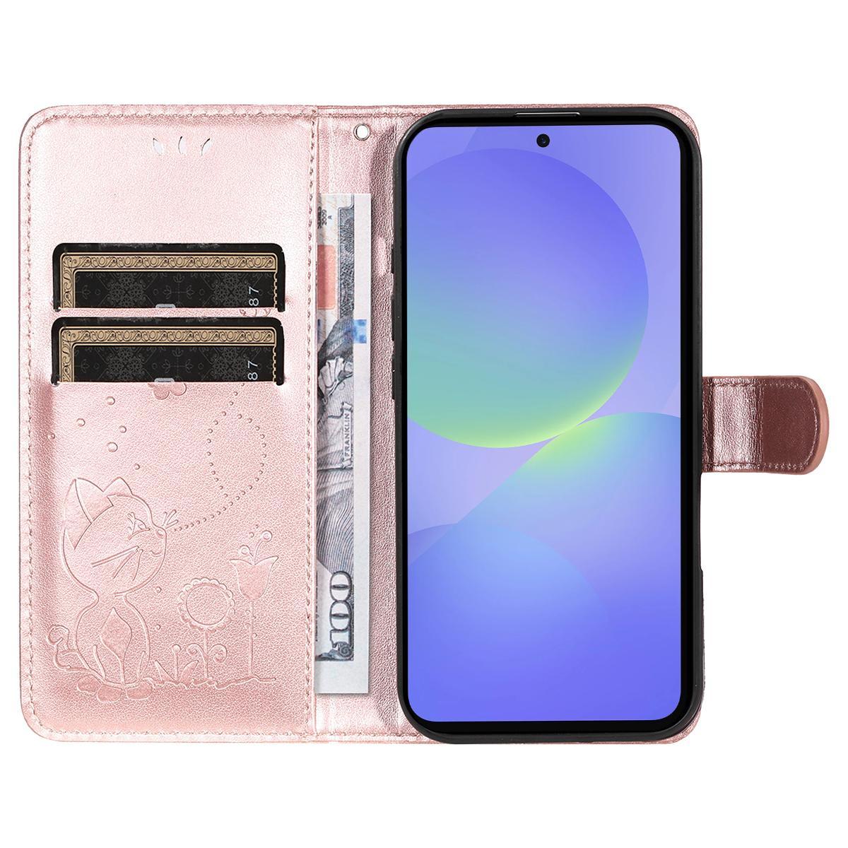 For Samsung Galaxy A27 5G Cat and Bee Embossed Flip Leather Phone Case Wallet Cover with Card Slots Cash Pocket Magnetic Stand Protective Shockproof TPU PU Leather Case with Wrist Strap