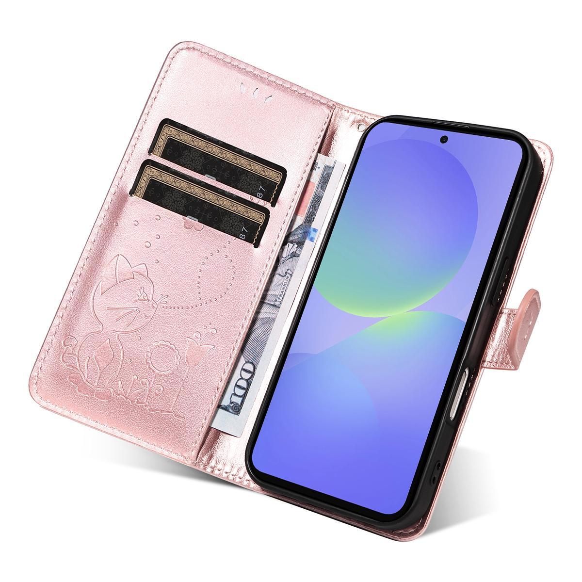 For Samsung Galaxy A27 5G Cat and Bee Embossed Flip Leather Phone Case Wallet Cover with Card Slots Cash Pocket Magnetic Stand Protective Shockproof TPU PU Leather Case with Wrist Strap