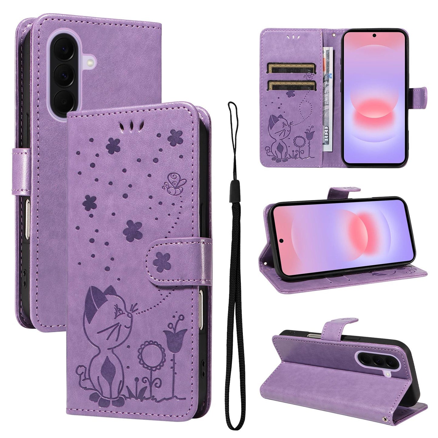For Samsung Galaxy A27 5G Cat and Bee Embossed Flip Leather Phone Case Wallet Cover with Card Slots Cash Pocket Magnetic Stand Protective Shockproof TPU PU Leather Case with Wrist Strap