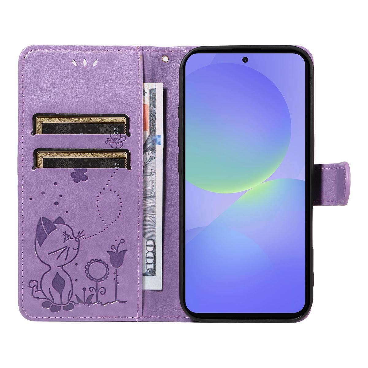 For Samsung Galaxy A27 5G Cat and Bee Embossed Flip Leather Phone Case Wallet Cover with Card Slots Cash Pocket Magnetic Stand Protective Shockproof TPU PU Leather Case with Wrist Strap