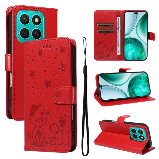 For Honor X8c 4G Cat and Bee Embossed Flip Leather Phone Case Wallet Cover with Card Slots Cash Pocket Magnetic Stand Protective Shockproof TPU PU Leather Case with Wrist Strap