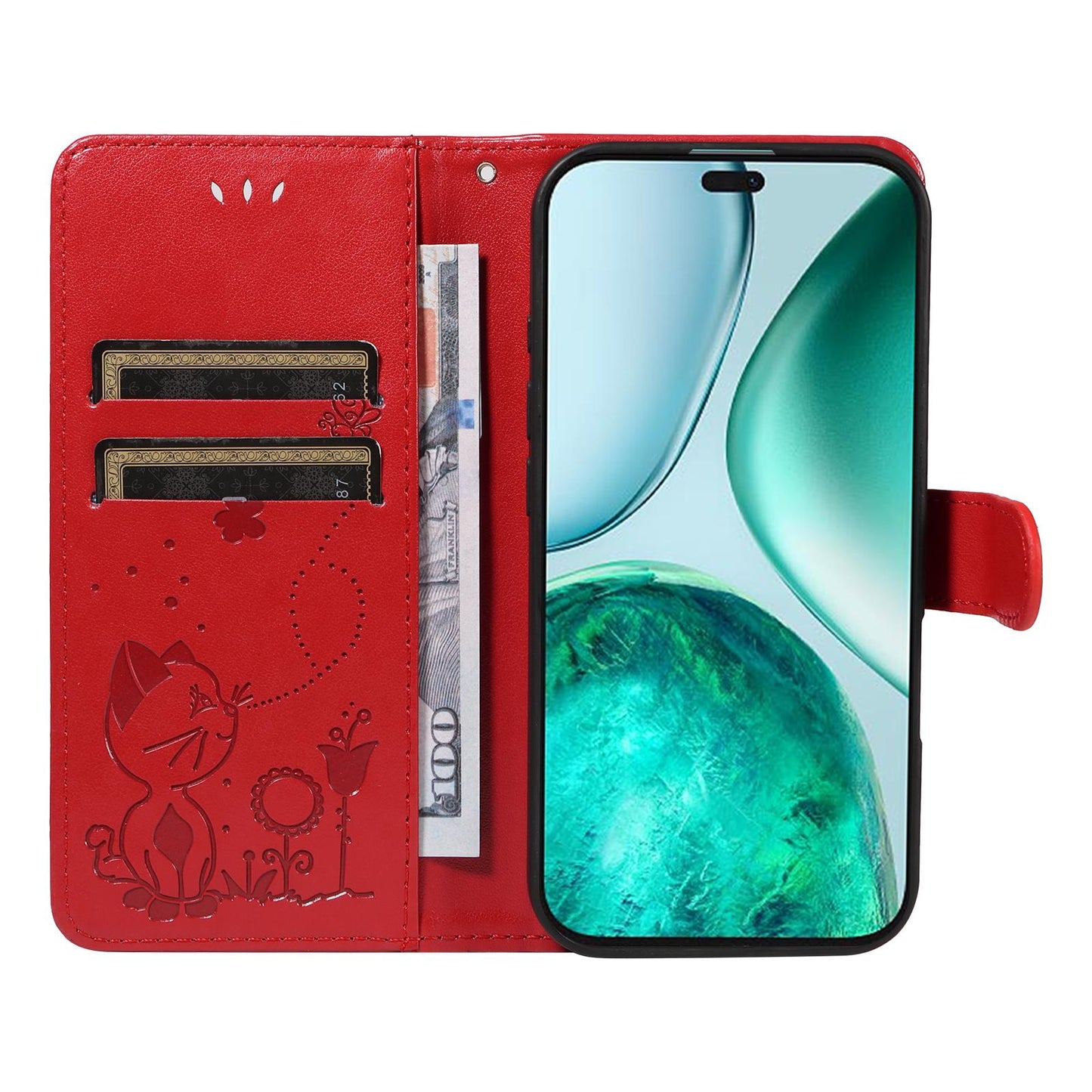 For Honor X8c 4G Cat and Bee Embossed Flip Leather Phone Case Wallet Cover with Card Slots Cash Pocket Magnetic Stand Protective Shockproof TPU PU Leather Case with Wrist Strap